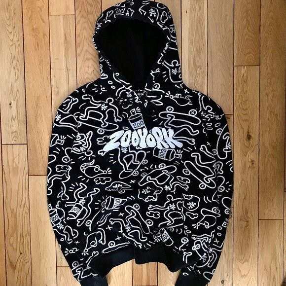 Zoo York All Over Print Hoodie Men's L Y2K Vintage Black White Pullover Sweater - Picture 1 of 6